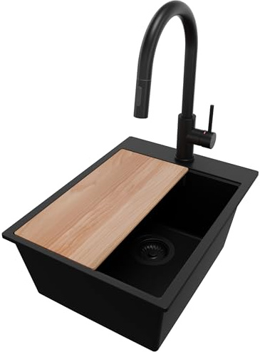 PRIMAGRAN Fregadero Granito al Mueble 40cm + Grifo, 38x50cm | Set: Grifo BW9010 + Kit de desagüe + Tabla de Cortar + Oslo Top 1 Seno para Cocina, Todo Negro