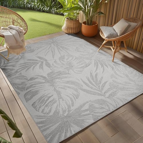 Teppium Outdoor Teppich Grau 240x340 cm, Wetterfest & UV-beständig, ideal für Küche, Balkon, Terrasse, Garten auch Wohnzimmer und Esszimmer, Palmblätter-Design