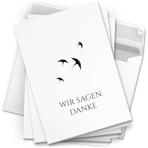 Danksagungskarten Trauer – 10 Klappkarten mit Umschlägen – Motiv: Vögel schwarz weiss – Trauerkarten Danksagung mit Text – Dankeskarten Trauer nach Beerdigung
