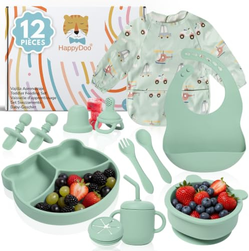 HappyDoo Vajilla Bebé Silicona 12 Piezas | Plato Ventosa Osito + Bol + Vaso + Cubiertos + Babero + Chupete Fruta | Antideslizante, BLW, Libre de BPA | Apto Microondas y Lavavajillas | Regalo Bebé