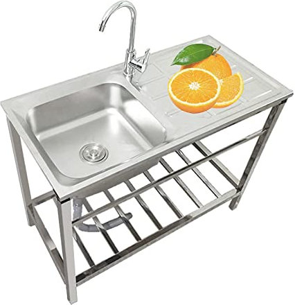 Edelstahl-Spülbecken mit Wasserhahn und Wasserrohr, kommerzielle Küche, Waschwanne, Handwaschbecken-Set mit Werkbank und Aufbewahrungsregalen für den Innen- und Außenbereich