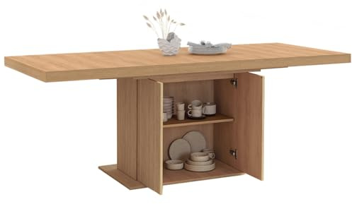IDMarket - Mesa de Comedor Extensible Rectangular Juliette 6-10 Personas, con Pata Central Efecto Laminado y Almacenamiento, 160-200 cm