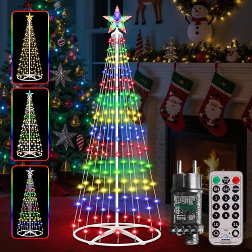 Weihnachtsbaum Metall Groß Kegelform, 156LED Mehrfarbig&Warmweiß Weihnachtsbaum Außen mit 11 Modi Fernbedienung &Timer, IP65 Wasserdichter Beleuchteter Baum Innen und Outdoor Weihnachtsdekoration