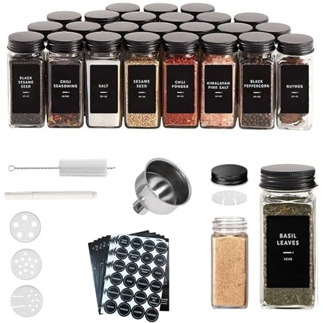 Quorlis Gewürzgläser Set Schwarz 24 Stück – Eckige 120ml Gewürzdosen mit Streueinsatz, Inkl. 240 Etiketten, Acrylstift & Edelstahltrichter, Luftdichte Aufbewahrung für Gewürze & Kräuter