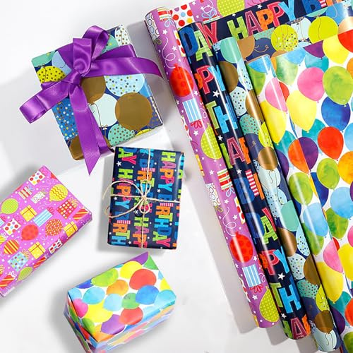 Trrrioosy 4 Rollen Geschenkpapier Geburtstag 43 x 300cm Bunt Geschenkpapierrollen Set für Junge Erwachsene Babyparty Kindergeburtstag Hochzeit Weihnachten (Bunt-HAPPY BIRTHDAY)