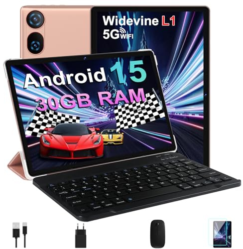 DMOAO Tablet 10 Pollici Android 15 con 30 GB RAM + 2TB ROM Espansione, FHD Tablet con Tastiera e Mouse, 5G Wi-Fi, GPS, Widevine L1, Octa-Core, USB-C, BT 5.0, 6000 mAh, 8MP+5MP, Gemini AI, Oro