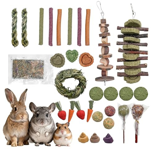 Hay Natural Rabbit Chew Toys, Toys for Guinea Pigs & Hamsters - Natural Chew Sticks & Balls Set for Small Animals, Dental Care Treats for Chinchillas, Bunny - 20+ Toys for Teeth Health (32 Pieces)