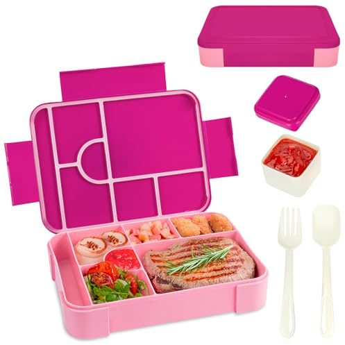 AMFUN Porta Pranzo Lunch Box, Bento Box con 7 Scomparti 1330ml, Bento Lunchbox Prova di Perdite per Adulti e Bambini, Senza BPA, Adatto a Microonde e Lavastoviglie, Rosa