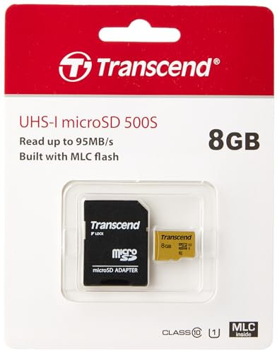 Transcend Tarjeta de Memoria microSDHC 500S 8GB UHS-I, C10, U3, V30, 4K, Full HD, hasta 95/80 MB/s, Diseñada para Cámaras de Acción y Drones - TS8GUSD500S