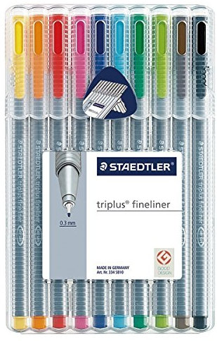 Staedtler triplus 334 Fineliner Set Brillante Farben, hohe Qualität, superfeine, Linienbreite ca. 0.3 mm, aufstellbare Box 3X (10 Farben)