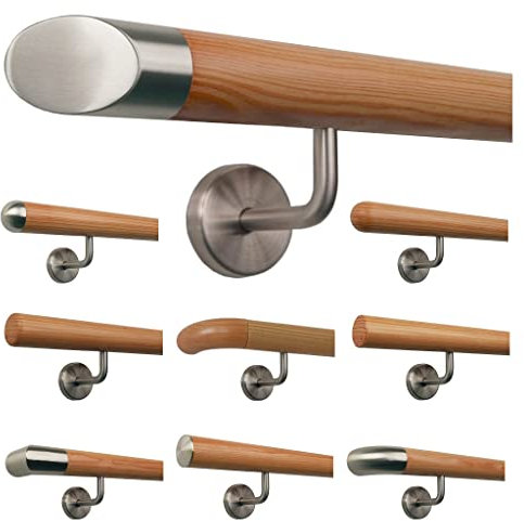 Lärche Holz Treppe Handlauf Geländer Griff gewinkelte Edelstahlhalter, Länge 30-500 cm aus einem Stück/Variante:260 cm mit 4 Halter - Enden:schräges Edelstahlendstück