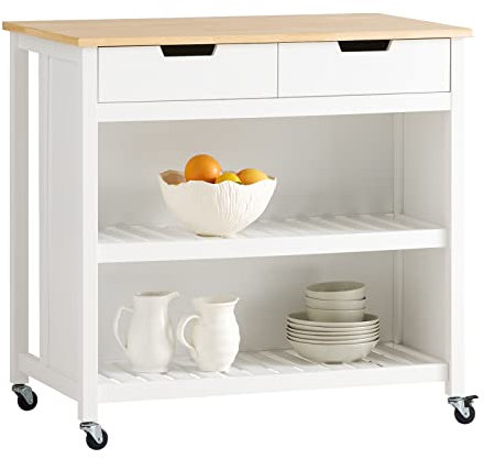 SoBuy Kitchen Island on Wheels Trolley Storage Cart Free-Standing Unit Butchers Block Furniture 98×58×94 cm White/Natural FKW74-WN