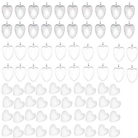Toyvian Lünette Anhänger Herz Tablett mit Glas Herz Cabochon für DIY Anhänger Schmuckherstellung 25mm 80 Stücke Silber
