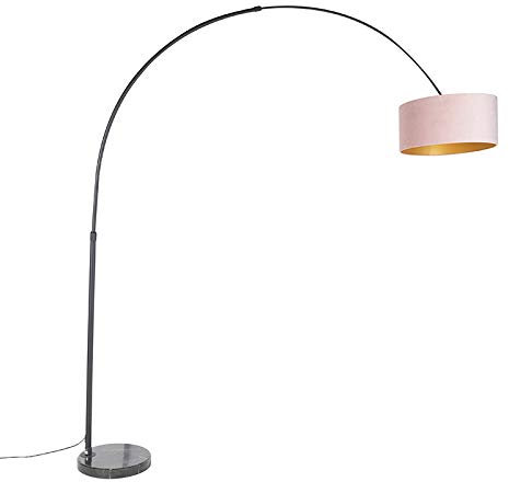 Qazqa - Bogenleuchte I Bogenlampe I Lampe I Leuchte Samt-Schirm schwarz-pink mit Gold I Messing 50 cm - XXL I Wohnzimmer I Schlafzimmer - Stahl Länglich I Zylinder I Rund - LED geeignet E27