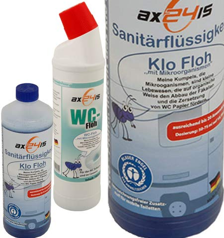 Sanitärflüssigkeit Klo Floh & WC Reiniger Set - Camping WC Zusatz | Biologischer Sanitärzusatz mit Mikroorganismen - Blauer Engel - Für Wohnmobil, Caravan & Boot - 1l Zusatz & 750ml Reiniger