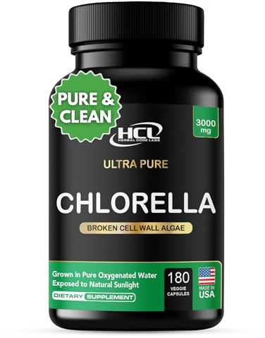 Chlorella Capsules 3000 mg - Cracked Cell Wall Blue Green Algae Supplement - Best Natural Detox Cleanse - Plant Vitamins Minerals Chlorophyll Vegan Protein Powder Pills - Made in USA