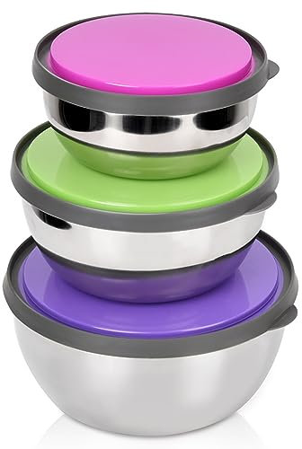 Set de 3 Bol Acero Inoxidable, Bol Cocina con hermetica tapa sellada y Base de Silicona, Ahorra Espacio Bol Ensalada, Apilable Cuencos Metalico para Comida y Ensalada