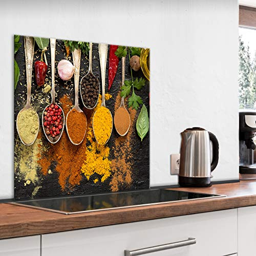murando Glass Splashback for Kitchen Backsplash Cooker Protector | Tempered Glass Decorative Wall Art Panel Heat Resistant Graphic 60x60 cm / 24x24 Spices in spoons