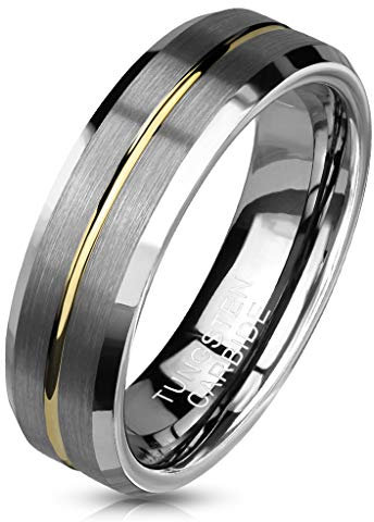 Paula & Fritz® Ring Damen Wolframcarbid Gebürstet Gr. 54 (17,2) Silber-Gold 6-mm Breit Herren-Ring Partner-Ring Damenring Verlobungs-Ring Ehering