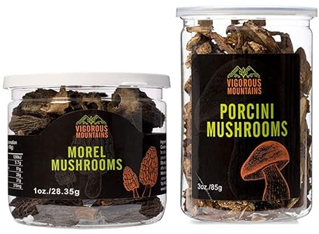 Vigorous Mountains Wild Dried Morel Mushrooms 1 Ounce and VIGOROUS MOUNTAINS Dried Porcini Mushrooms 3 Ounce