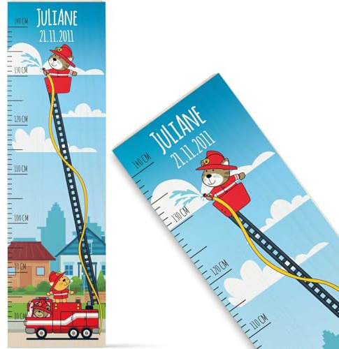 GRAVURZEILE Messlatte für Kinder aus Holz - Feuerwehr Design - mit Namen für Kinderzimmer - Skala misst 80-140 cm - Größe 20 x 70 x 2 cm - Geschenk zur Geburt für Mädchen & Jungen