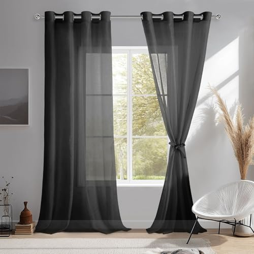 DWCN Tende per Interni in Voile Tende a Pannello con Fermatenda per Salotto Eleganti Tende Trasparenti con Occhielli Morbidi Finestre 2 Pannelli, 140x280 CM, Nero