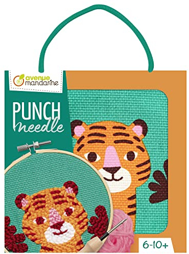 Avenue Mandarine - Un Quadro da Ricamo Punch Needle, Kit Punto Croce per Bambini - dai 6 Anni - Tigre da Cucire Tessuto 18 x 18 cm, ago Punch Needle, ago in plastica, Istruzioni - KC151C
