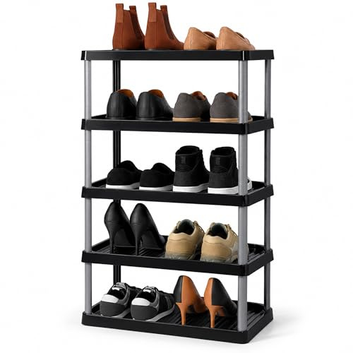 ARTECSIS® Schuhregal aus Kunststoff mit 5 Ebenen Schwarz (50x34x82cm) steckbar & erweiterbar - Steckregal für Schuhe & Schuhablage schmal - Schuhaufbewahrung & Ständer für Flur, Garderobe & Schrank