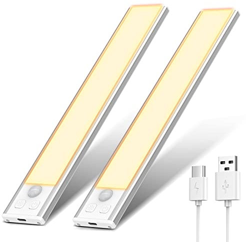 20.5CM Unterbauleuchte LED mit Bewegungsmelder 3000K Warmweiß stufenlose dimmbare Schrankbeleuchtung 1000mAh USB Wiederaufladbar Nachtlicht für Gang Eingangsflur Weinschrankleuchte Kofferraum-2 Stück