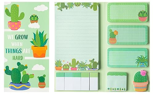 Positive Cactus Sticky Notes Set - 550 Sheets Cute Cactus Shaped Self Adhesive Sticky Note, We Grow When Things are Hard Novelty Paper Clips Memo Notepads for Kids Teacher Student Office School Gift