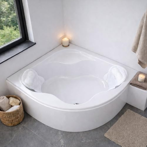 ECOLAM Badewanne Eckbadewanne Selma 140x140 cm Schürze 2 x Kopfkissen Mare | direkt vom Hersteller Top Qualität echtes Sanitäracryl modern Verkleidung keine Fliesen nötig Ablauf Füße im Set