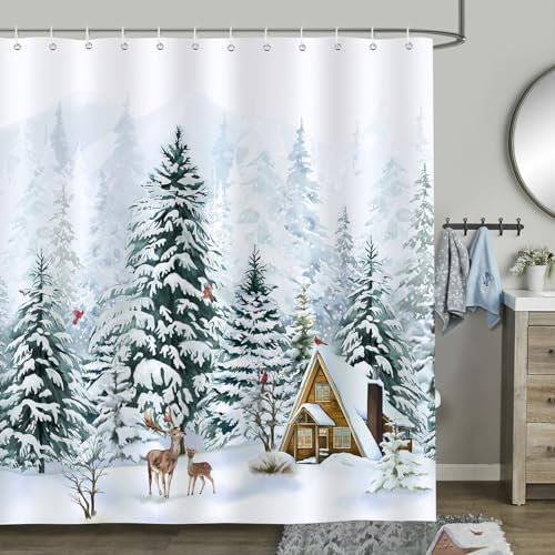 Bonhause Winter Christmas Tree Shower Curtain Forest Deer Pine Tree Snow Scene Bathroom Curtain 180 x 180 cm Waterproof Mildew & Mould Resistant Polyester Fabric Bath Curtain with 12 Hooks