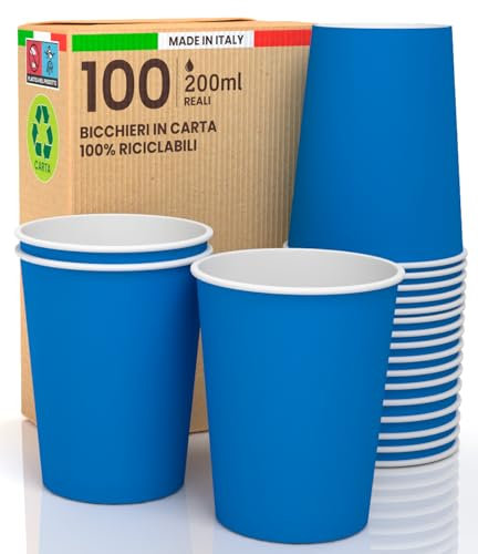 Baciato Caffè 100 Verres en Papier, Bleu, 200 ml, Écologiques et Biodégradables, Gobelets Jetable par Emporter, Résistant à la Chaleur, Boissons Froides, Chaudes, Café, CAPPUCCINO