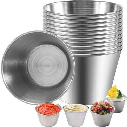 Littlecatch 12 Pack Stainless Steel Sauce Cups, Sauce Pots, Small Condiment Containers, Reusable Round Dips Spices Pots Liquid Dips Bowls for Ramekins Dipping and Portion Cups - 2.5Oz 70Ml
