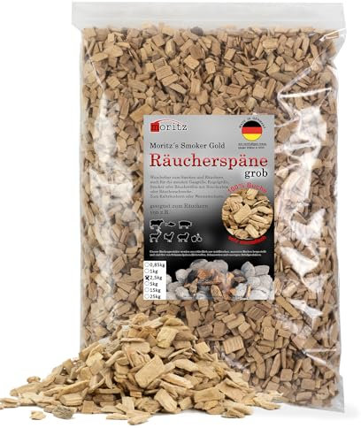 Moritz 2,5 kg trucioli di faggio grossolano, 6 – 12 mm, affumicatura a freddo di pesce, carne, salsiccia, formaggio, verdure, anche per barbecue, barbecue, farina affumicata