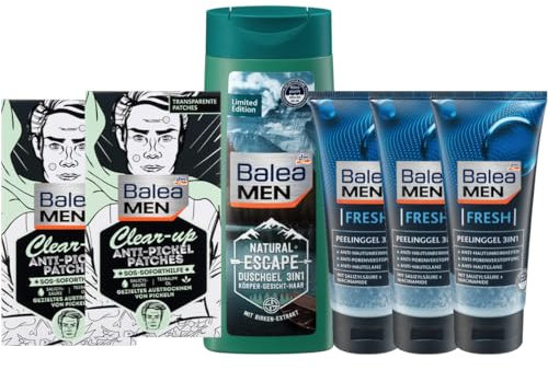 Balea MEN 6er-Set Hautpflege: 2 x Clear-up ANTI-PICKEL Patches für gezieltes Austrocknen von Pickeln (2 x 36 St) + Duschgel NATURAL ESCAPE (300 ml) + 3 x Fresh PEELING GEL 3in1 (3 x 100 ml), 600 ml