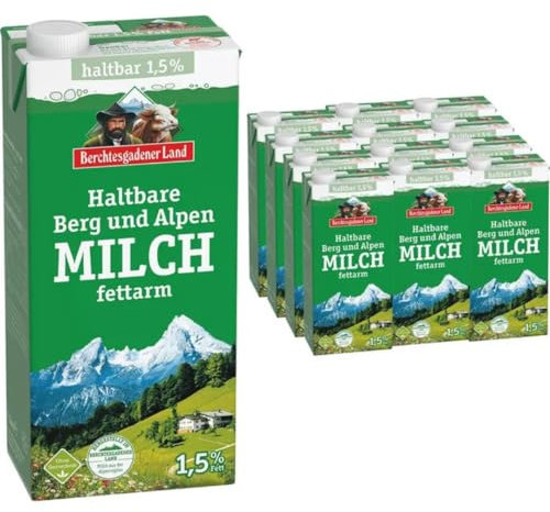 Milch Berchtesgadener Alpenmilch Land H-Milch 1,5% Fett Haltbare Milch Bergbauern-Milch, je 1 Liter, 12 Stück+ pufai