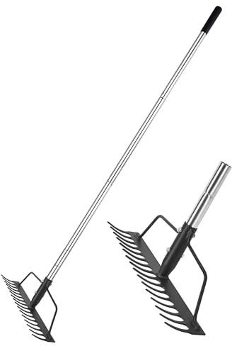 BARAYSTUS 15 Inch Wide Bow Rake, 16 Steel Tines Metal Head Rake Tool with Stainless Steel Handle, Adjustable Long Handle Garden Rake for Loosening Soil Leveling Mulch Gathering Lawns Leaves