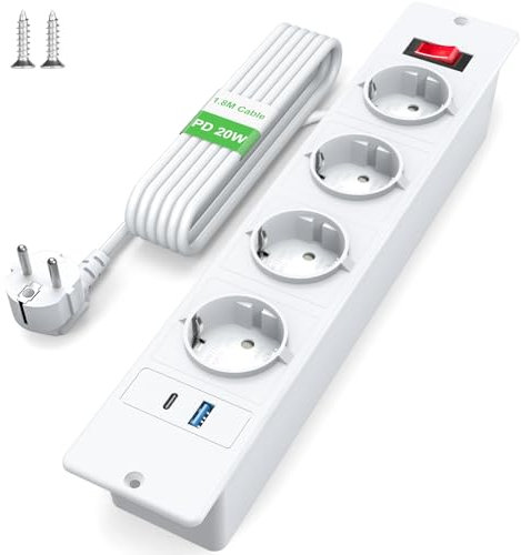 Multiprise Encastrable 4 Prises, Prise Encastrable Plan de Travail avec USB C PD 20 W, Multiprise de Table avec Interrupteur, Prise de Table Escamotable 2M Câble, Blanc