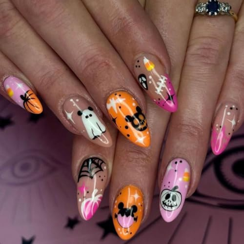 Justusnx 24 calabazas fantasmas telarañas Halloween falsificó huesos de Henna manicura mujeres y niñas presionaron uñas (A, Un tamaño)