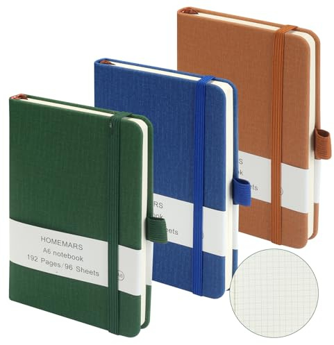 HOMEMARS Anteckningsbok A6, 3 stycken, rutig, 14,4 cm x 9,6 cm anteckningsblock, rutig, 192 sidor, anteckningsblock, brun grön blå