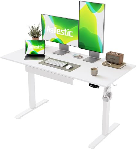 Agilestic Elektrischer Stehschreibtisch mit Schublade, höhenverstellbarer Schreibtisch, Ergonomischer Stehschreibtisch 120 * 60 aus Holz, mit Memory-Voreinstellungen für Arbeit Heimbüro, Weiß