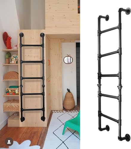 Yowikuw 5-Sprossen Wandleiter aus schwarzem Metall, 165 cm Wandmontage | bis 150 kg belastbar, Robuste und platzsparende Ausstiegsleiter für Etagenbett, Loft, Dachboden, und Kellerfensterschacht