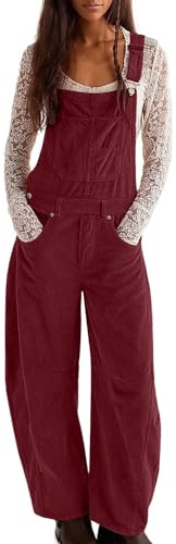 Womens Jumpsuits Womens Dungarees Loose Jumpsuits for Women Overalls Barrel Wide Leg Bib Corduroy Trousers Adjustable Jumpsuit with Pockets Wine