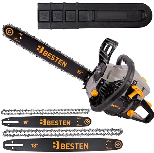 BESTEN Kettensäge Abbrennkette für Holz 58CC, Benzin Säge mit Bremse, Automatische Schmierung, EASY START System, 2x Führungsschiene, 2x Kette