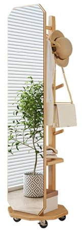 Schmuckschrank, Ganzkörperspiegel mit Garderobe, freistehender Standspiegel auf Rollen, 2-in-1-Standspiegel und Garderobe, großer Ganzkörper-Ankleidespiegel mit Massivholzrahmen für Wohnzimm