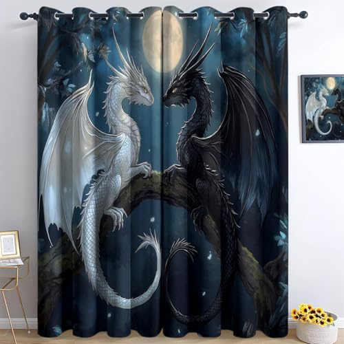 Verdunkelungsvorhänge mit Ösen Fantasy-Anime Mond Drache Weiß Schwarz Wärme Kälteisolierende Schalldämmende Vorhang Blickdicht für Wohnzimmer Schlafzimmer Kinderzimmer, H 160 x B 70 cm (2er Pack)