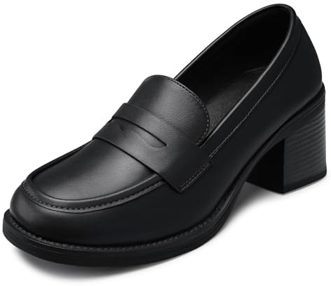 SHIBEVER Women's Low-Heeled Loafers: Block Heel Dressy Penny Loafer Slip-On Business Casual Women Shoes Black Size 8