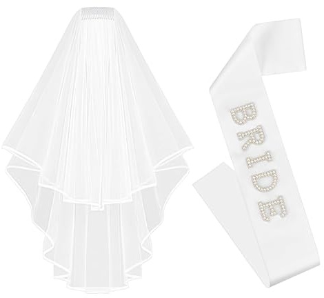 LunarCharm Conjunto de 2 piezas de banda para la futura novia, velo blanco para boda, novia, banda con perlas de satén, velo cascada de doble cara con peine