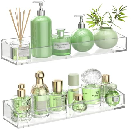 YLYEEU 2PCS Acrylic Floating Shelves for Wall, 15 Clear Acrylic Shelves, Bathroom Shelf with Two Types of Installation, Space Saving Hanging Wall Shelf for Bathroom, Living Room, Bedroom, Kitchen